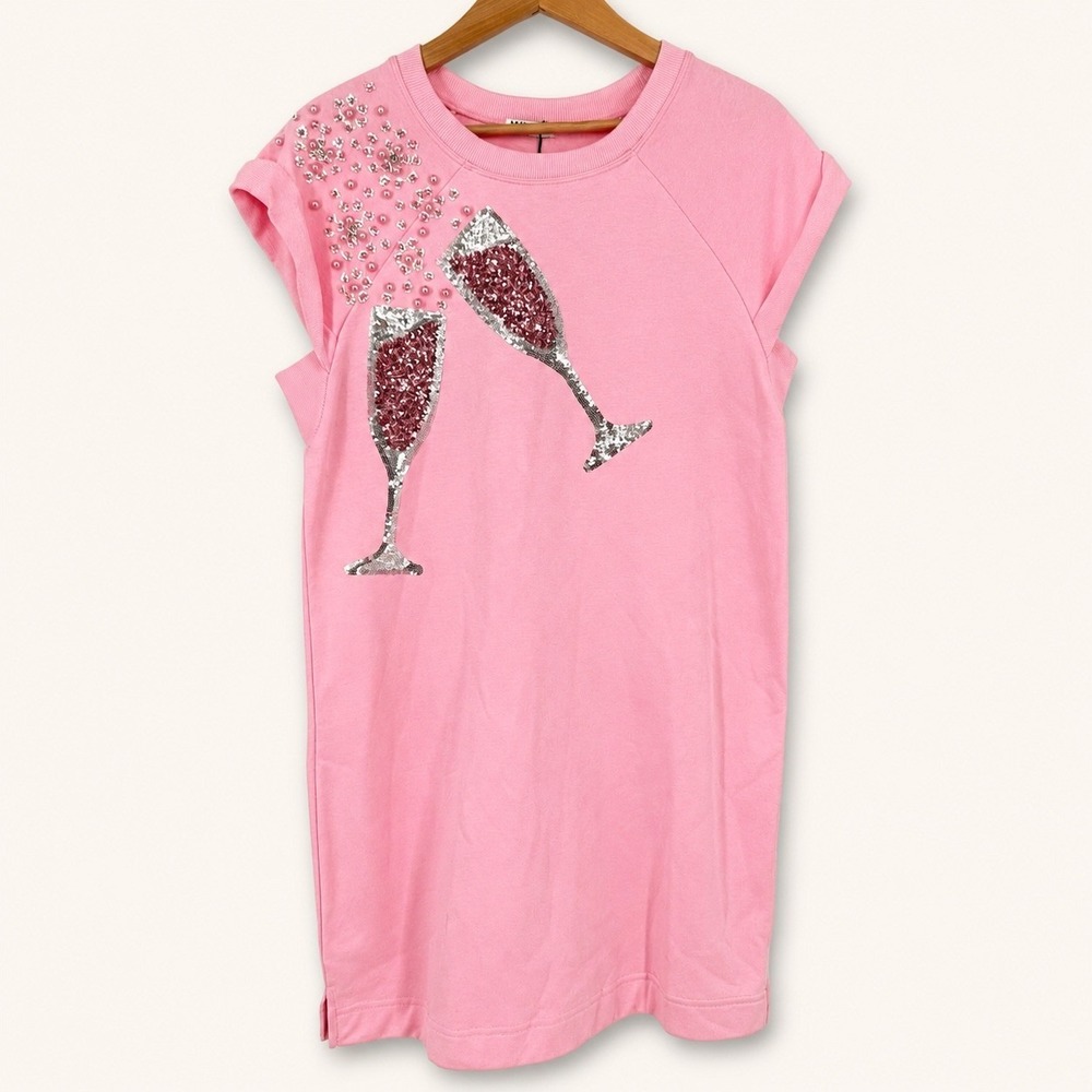 NEW Why Dress Large French Terry‎ Dress Pink Champagne Sequin Mini Party Bling
